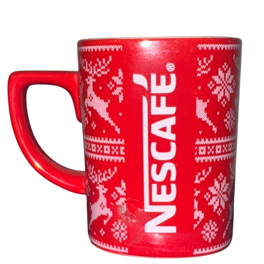 Nescafe Red Ceramic Holiday Mug Set 12 Oz With Handle Snowflake Reindeer Design